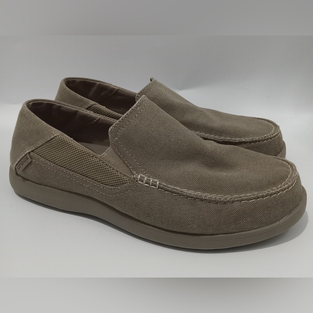 🛑 SOLD Crocs Santa Cruz Luxe Shoes Mens 10 Khaki Canvas Slip On Loafers Comfort